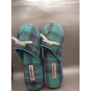 Dreams & Co. Flannel Slippers in a Blue plaid pattern.